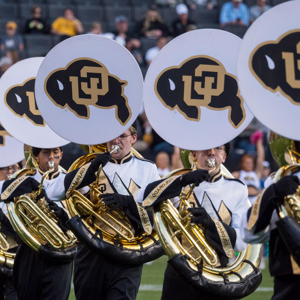 Buffs band playing at a CU Boulder football tailgate