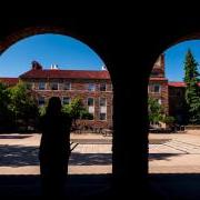 silhouette of a person near the UMC fountain area